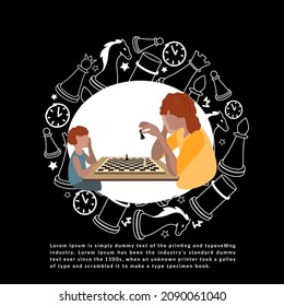 Doodle sketch style. A hand-drawn set of chess elements. People playing chess. Stacked pieces stacked in a circle. Isolated vector illustration for board game store, store, game competition.