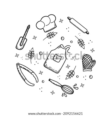 Doodle sketch style. A hand-drawn set of kitchen elements arranged in a circle. Chef's cap, apron, oven mitt, rolling pin, spatula and tongs Isolated vector illustration for chefs tool store.