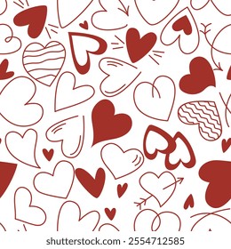 Doodle sketch style hearts seamless pattern. Hand drawn background heart icons of different types. Love symbol red hearts print for textile, wallpaper, packaging, design. Vector graphics