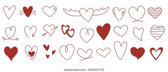 Doodle sketch style hearts set. Hand drawn collection of heart icons of different types. Love symbol red hearts, romantic cute bunch clip art, vector graphics