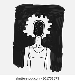 Doodle sketch style, a man with a dark face. Mysticism. Vector illustration