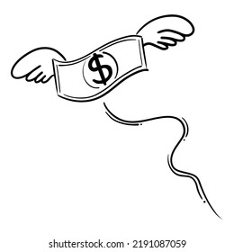 Doodle Sketch Style Of Money Flying Like A Bird Cartoon Hand Drawn Illustration For Concept Design.