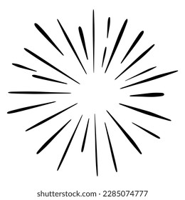 Doodle sketch style of Starburst, sunburst,  Element Fireworks Black Rays. Comic explosion effect. Radiating, radial lines. cartoon hand drawn illustration for concept design. 