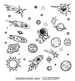 Doodle sketch style of stars, comets, planets and moon in sky  cartoon vector illustration for concept design.