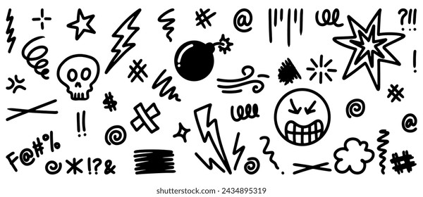 Doodle estilo de boceto de los iconos de Swearing ilustración dibujada a mano de dibujos animados para el diseño de conceptos. 