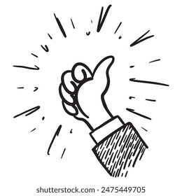 Doodle boceto estilo de pulgar hacia arriba Ilustración vectorial de gestos de la mano para el diseño de concepto.