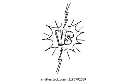 Doodle Sketch Style Of Versus Or VS Letters Logo Cartoon Hand Drawn Illustration For Concept Design. Comic Fighting Duel With Lightning Ray Border.