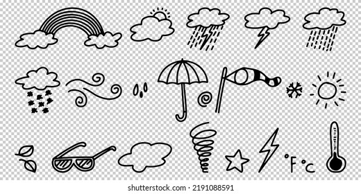 Doodle Sketch Style Of Weather Icons Cartoon Hand Drawn Illustration For Concept Design.