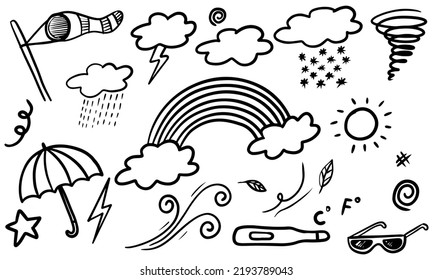 Doodle Sketch Style Of Weather Icons Cartoon Hand Drawn Illustration For Concept Design.