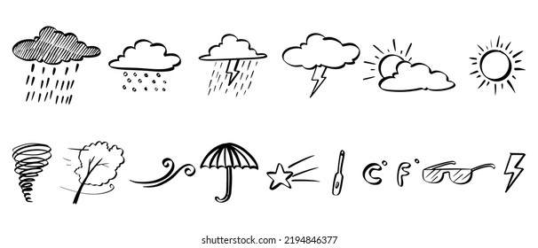 Doodle Sketch Style Of Weather Icons Cartoon Hand Drawn Illustration For Concept Design.