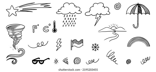 Doodle Sketch Style Of Weather Icons Cartoon Hand Drawn Illustration For Concept Design.