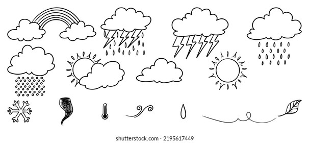 Doodle Sketch Style Of Weather Icons Cartoon Hand Drawn Illustration For Concept Design.