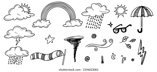 Doodle Sketch Style Of Weather Icons Cartoon Hand Drawn Illustration For Concept Design.