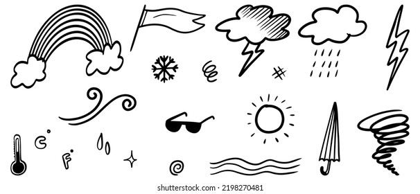 Doodle Sketch Style Of Weather Icons Cartoon Hand Drawn Illustration For Concept Design.