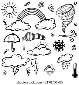 Doodle Sketch Style Of Weather Icons Cartoon Hand Drawn Illustration For Concept Design.