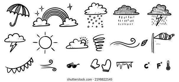 Doodle Sketch Style Of Weather Icons Cartoon Hand Drawn Illustration For Concept Design.