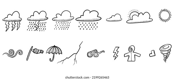 Doodle Sketch Style Of Weather Icons Cartoon Hand Drawn Illustration For Concept Design.