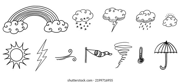 Doodle Sketch Style Of Weather Icons Cartoon Hand Drawn Illustration For Concept Design.