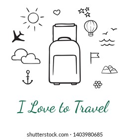 Doodle sketch suitcase and travel icons on white background