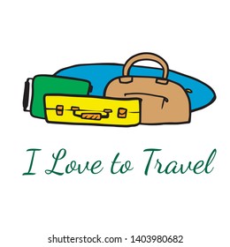 Doodle sketch suitcases and surf board, cartoon drawing, items for traveling to the beach