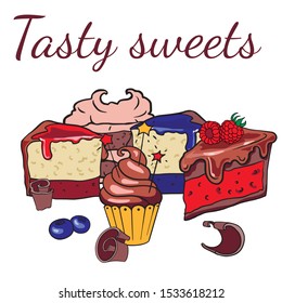 Doodle sketch sweets, illustration of different cakes on a white background