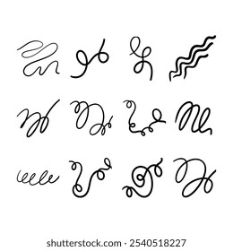 Doodle sketch swirl lines shape set. Hand drawn brush stroke  lines. Vector illustration.