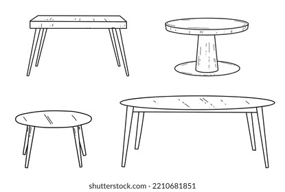 Mesa de dibujo de Doodle para la sala de estar pintada a mano en diferentes tamaños y tipos, moderno y vintage. Ilustración vectorial