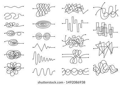 Doodle sketch tangled arrow set in freehand black pen style. Curve, messy and abstract shapes of abstract scribble lines - geometric path collection in isolated vector illustration