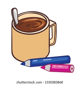  Doodle sketch tea or coffee mug with pencils. Simple, flat illustration