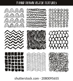 Doodle sketch textures. Vector design elements. Collection texture with variety abstract shapes: jagged lines, zigzag, circles, cell, stripes, and strokes in the Scandinavian style.
