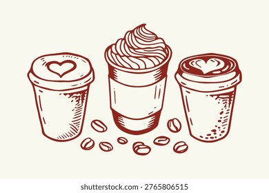 Doodle sketch of three takeaway coffee cups with whipped cream and coffee beans shop hand drawn isolated on white takeaway beverage illustration drinkware container espresso