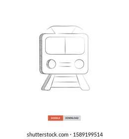 Doodle sketch of Tram concept on white background. Tram doodle art. Cartoon vector illustration. Isolated sketch line art. Icon in hand drawing design style.