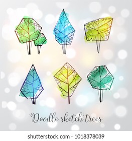 Doodle sketch trees on white glowing background.