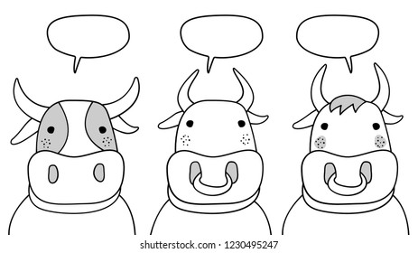 Doodle sketch Two Bulls and Cow characters with chat cloud illustration. Cartoon chatting Two bulls with rings on noses. Set Vector hand drawing Bull, Ox, Cow. Domestic mammal animals. 