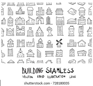 Doodle sketch type of building icons seamless pattern background vector Illustration