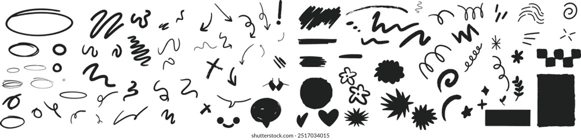 Doodle sketch underline, emphasis, arrow shape set. Hand drawn brush stroke, highlight, action marks, underline, sparkle element. Vector illustration.