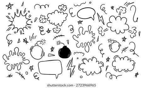 Doodle boceto subrayado. dibujado a mano trazo de pincel. cómic bomba boom Vector doodle. marcas de acción, subrayado. dibujado a mano doodle. Ilustración vectorial