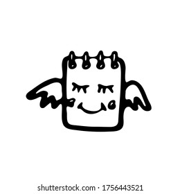 Doodle sketch vector illustration. Sleeping notebook with wings. Black lines on a white background.