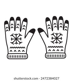 Doodle sketch warm winter gloves.Woolen or knitted gloves for cold frosty weather.Snowflake ornament.Vector flat illustration.Isolated on white background.