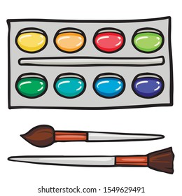 Doodle sketch watercolor paints with brushes. Cartoon illustration 