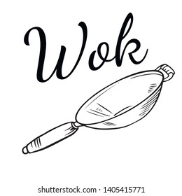 Doodle sketch wok pan on white background