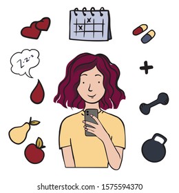  doodle sketch woman looking at smartphone and smiling. Infographics for health, sport, calendar application. 