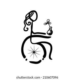 Doodle sketch woman sitting on wheelchair, vector illustration