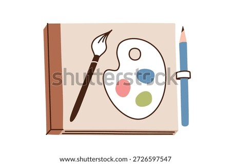 Doodle sketchbook with pencil, vector flat cartoon illustration in naive style. Drawing album for creativity and learning, art practice and hobbies, kids education, planners, stationery, posters