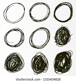 Doodle sketched circles. Hand drawn scribble rings isolated vector set. Vector illustration 