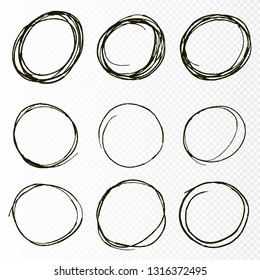 Doodle sketched circles. Hand drawn scribble rings isolated vector set. Vector illustration 