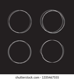 Doodle sketched circles. Hand drawn scribble rings isolated vector set. Doodle circle ring scribble and sketch, circular and round scratch stroke illustration. Black background