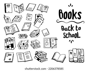 doodle sketches of books vector illustration, black and white, hand drawn. back to school