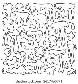 Doodle sketches of irregular dripping liquid shapes in black on white background