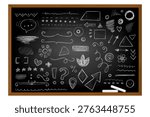 Doodle sketches on chalkboard set vector isolated. Illustration of various scribbles, hand-drawn design elements. Chalk lines on blackboard.